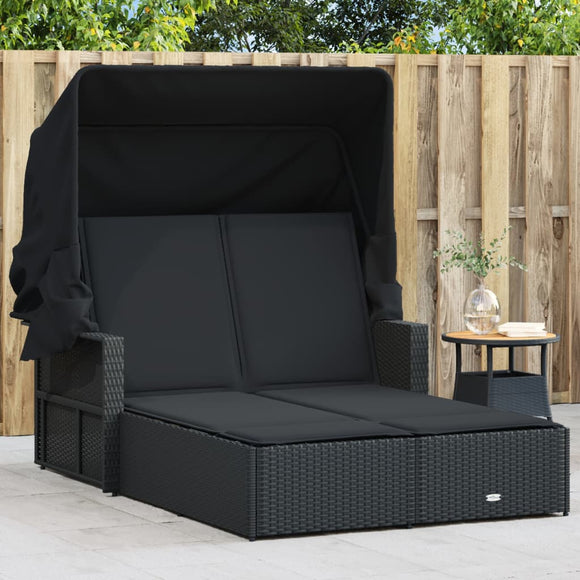 NNEVL Double Sun Lounger with Canopy and Cushions Black Poly Rattan