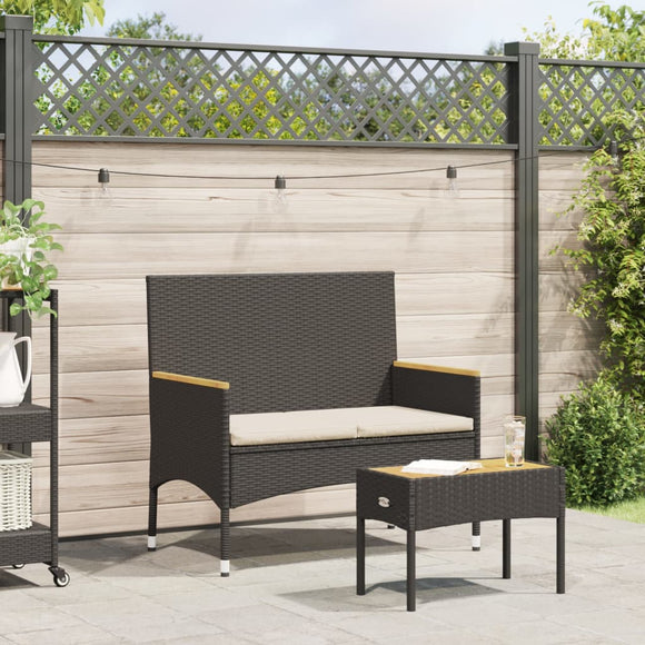 NNEVL Garden Bench 2-Seater with Cushions and Table Black Poly Rattan