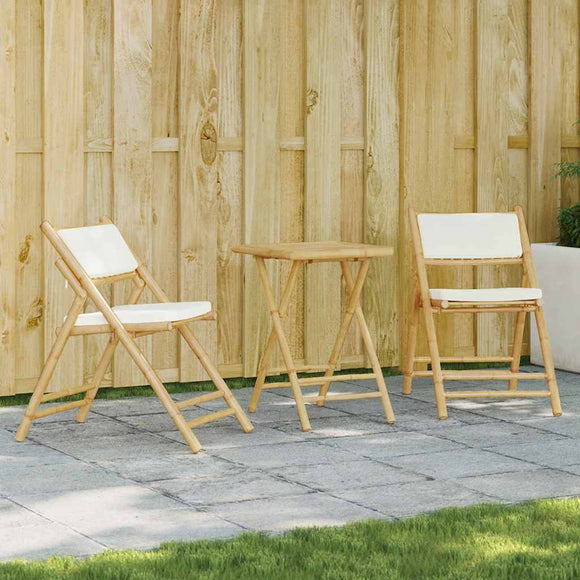 NNEVL 3 Piece Folding Bistro Set with Cream White Cushions Bamboo
