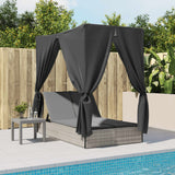 NNEVL Double Sun Lounger with Roof and Curtains Light Grey Poly Rattan