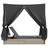 NNEVL Double Sun Lounger with Roof and Curtains Light Grey Poly Rattan