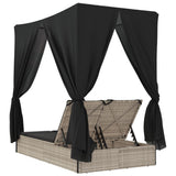 NNEVL Double Sun Lounger with Roof and Curtains Light Grey Poly Rattan
