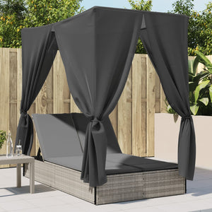 NNEVL Double Sun Lounger with Roof and Curtains Light Grey Poly Rattan