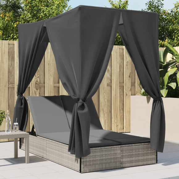 NNEVL Double Sun Lounger with Roof and Curtains Light Grey Poly Rattan