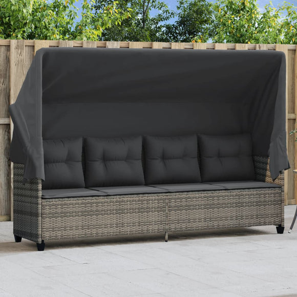 NNEVL Sun Lounger with Canopy and Cushions Grey Poly Rattan
