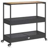 NNEVL Bar Cart 3-Tier Black Poly Rattan and Solid Wood Acacia