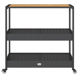NNEVL Bar Cart 3-Tier Black Poly Rattan and Solid Wood Acacia