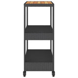 NNEVL Bar Cart 3-Tier Black Poly Rattan and Solid Wood Acacia