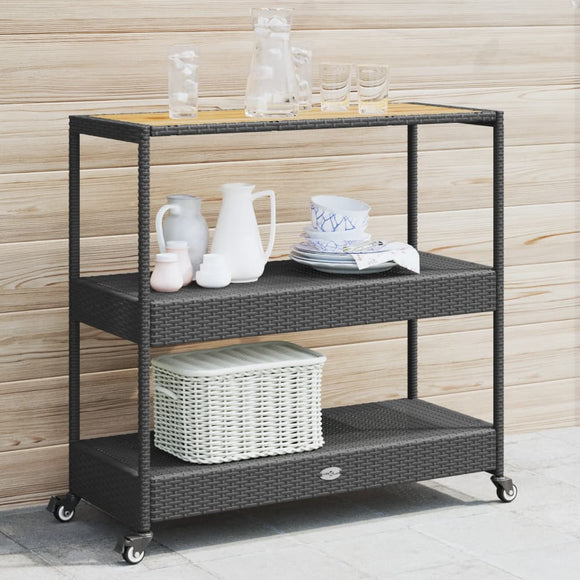NNEVL Bar Cart 3-Tier Black Poly Rattan and Solid Wood Acacia