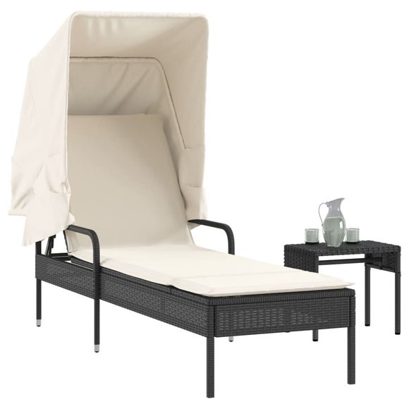 NNEVL Sun Lounger with Canopy and Table Black Poly Rattan