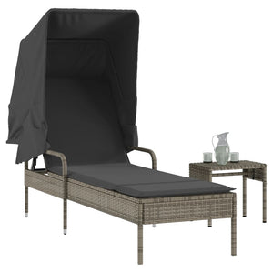 NNEVL Sun Lounger with Canopy and Table Grey Poly Rattan
