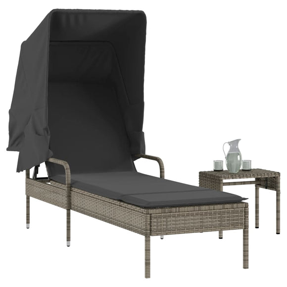 NNEVL Sun Lounger with Canopy and Table Grey Poly Rattan