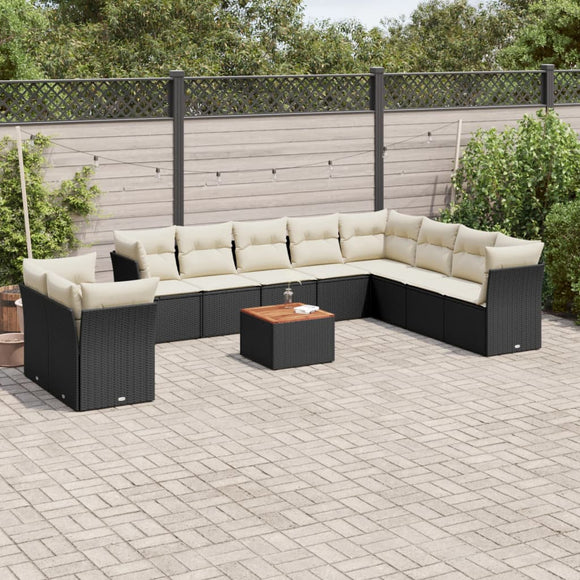 NNEVL 11 Piece Garden Sofa Set with Cushions Black Poly Rattan