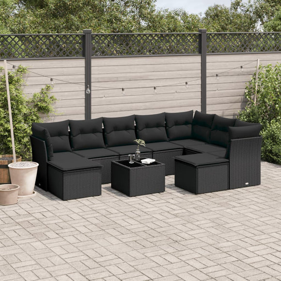NNEVL 10 Piece Garden Sofa Set with Cushions Black Poly Rattan