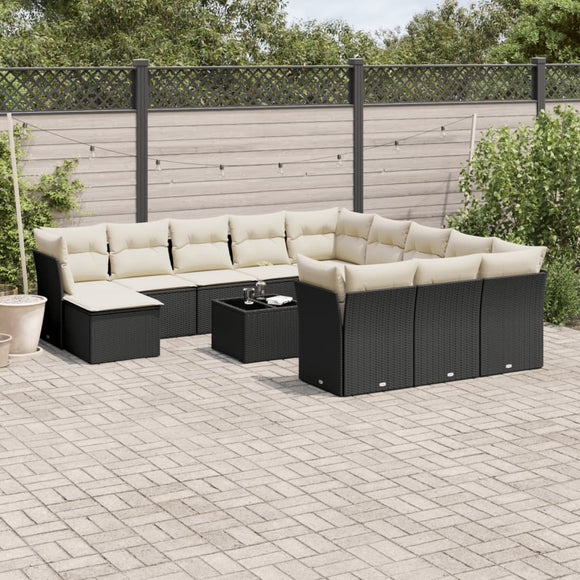 NNEVL 13 Piece Garden Sofa Set with Cushions Black Poly Rattan