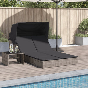 NNEVL Double Sun Lounger with Canopy and Cushions Grey Poly Rattan