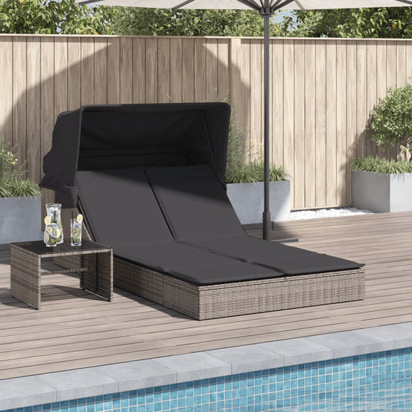 NNEVL Double Sun Lounger with Canopy and Cushions Grey Poly Rattan