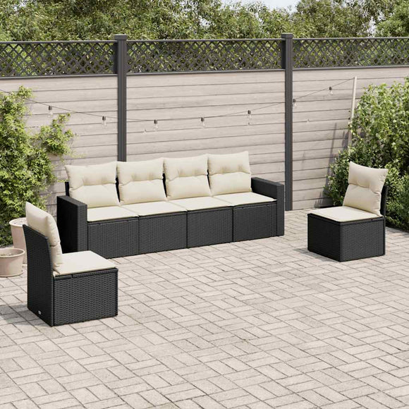 NNEVL 6 Piece Garden Sofa Set with Cushions Black Poly Rattan