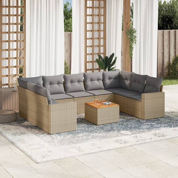 NNEVL 10 Piece Garden Sofa Set with Cushions Mix Beige Poly Rattan