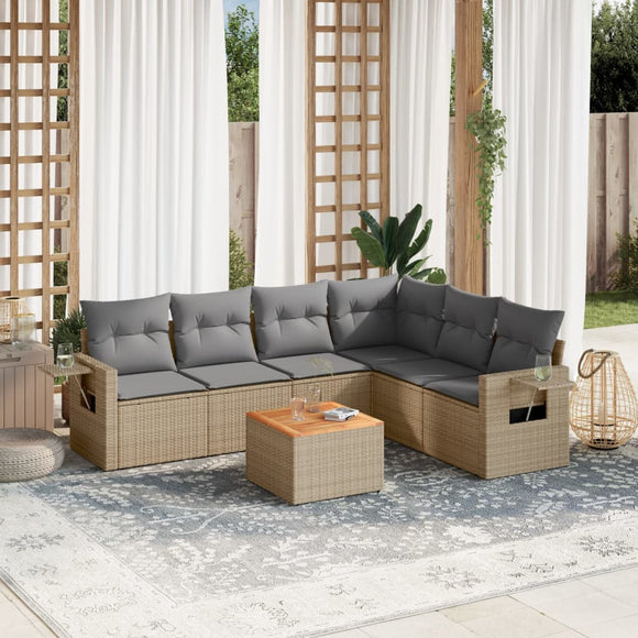 NNEVL 7 Piece Garden Sofa Set with Cushions Mix Beige Poly Rattan