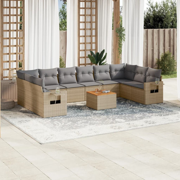 NNEVL 11 Piece Garden Sofa Set with Cushions Mix Beige Poly Rattan