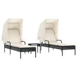 NNEVL Sun Loungers 2 pcs with Canopies and Table Black Poly Rattan
