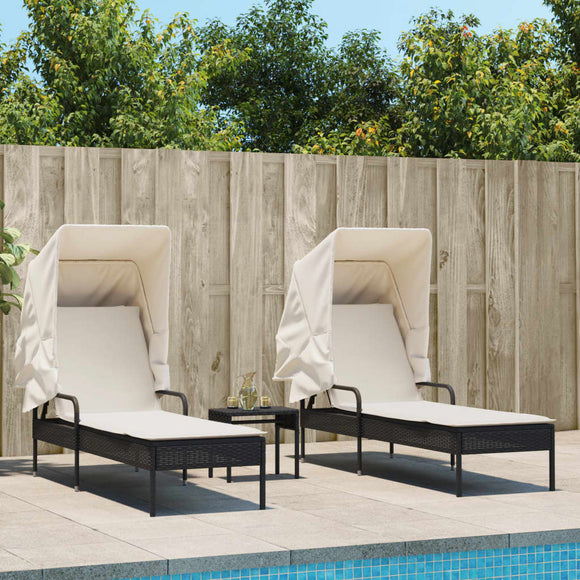 NNEVL Sun Loungers 2 pcs with Canopies and Table Black Poly Rattan