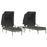 NNEVL Sun Loungers 2 pcs with Canopies and Table Grey Poly Rattan