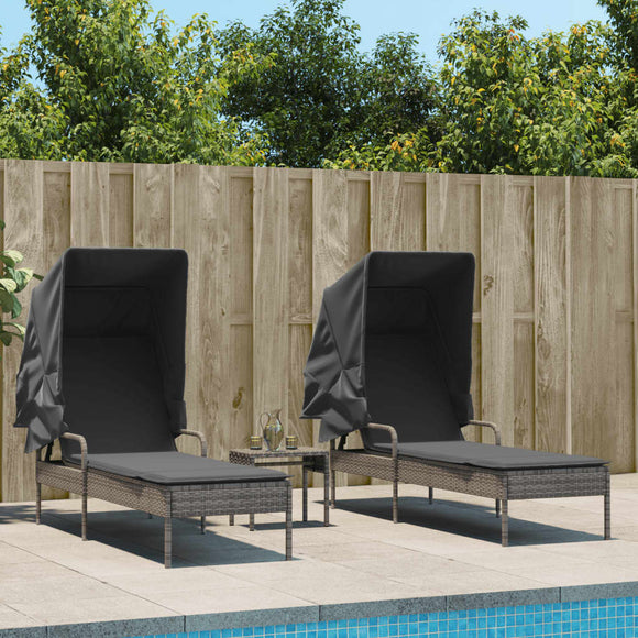 NNEVL Sun Loungers 2 pcs with Canopies and Table Grey Poly Rattan