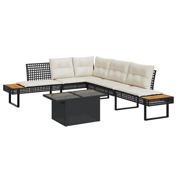 NNEVL 2 Piece Garden Sofa Set with Cushions Black Poly Rattan and Glass