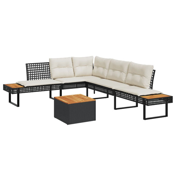 NNEVL 2 Piece Garden Sofa Set with Cushions Black Poly Rattan and Acacia