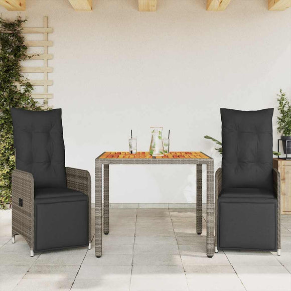 NNEVL 3 Piece Garden Bistro Set with Cushions Grey Poly Rattan
