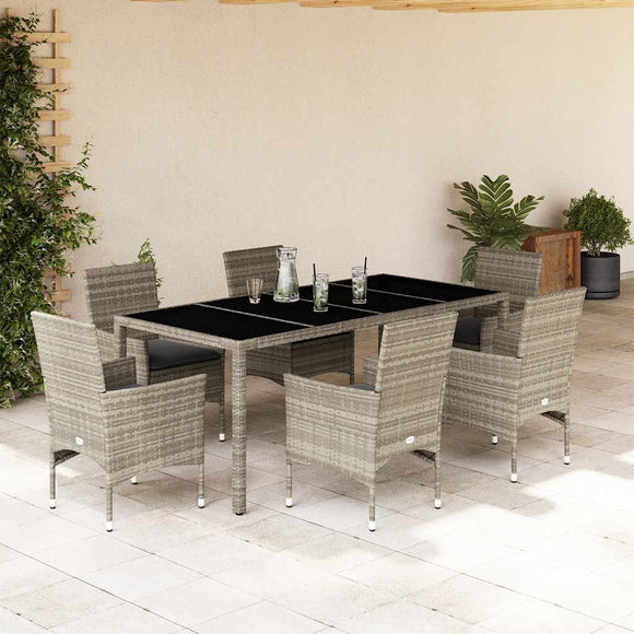 NNEVL 7 Piece Garden Dining Set with Cushions Light Grey Poly Rattan and Glass
