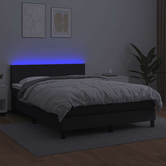 NNEVL Box Spring Bed with Mattress&LED Black 153x203 cm Queen Size Faux Leather