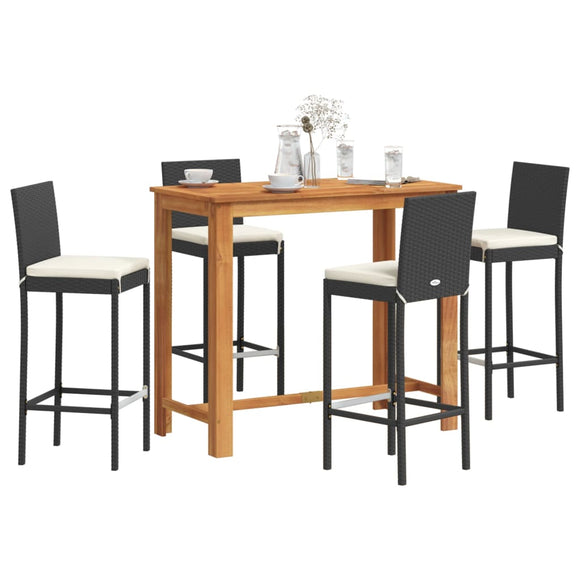 NNEVL 5 Piece Garden Bar Set Black Solid Wood Acacia and Poly Rattan