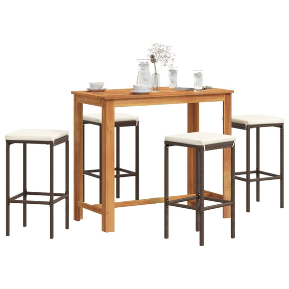 NNEVL 5 Piece Garden Bar Set Brown Solid Wood Acacia and Poly Rattan