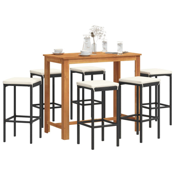 NNEVL 7 Piece Garden Bar Set Black Solid Wood Acacia and Poly Rattan