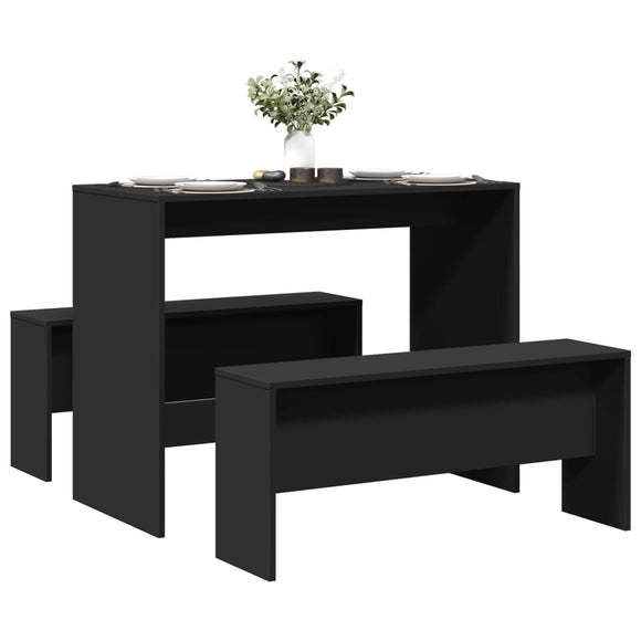 NNEVL 3 Piece Dining Table and Bench Set Black Engineered Wood