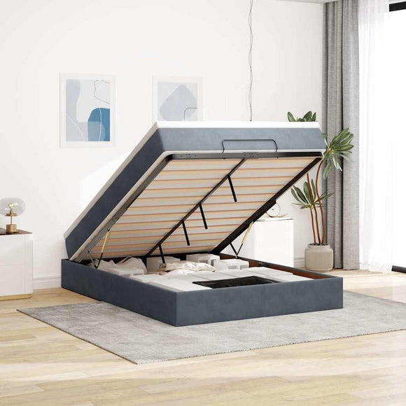 NNEVL Ottoman Bed with Mattress Dark Grey Double Velvet