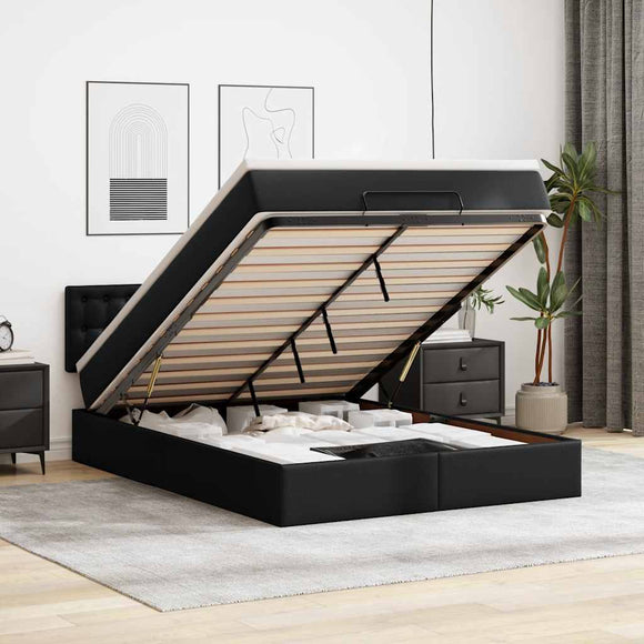 NNEVL Ottoman Bed with Mattress Black Queen Faux Leather