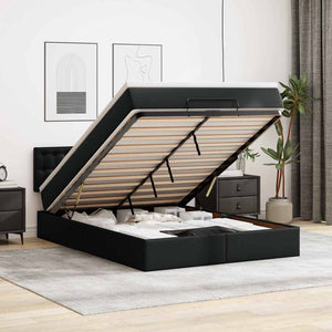 NNEVL Ottoman Bed with Mattresses & LEDs Black Queen Faux Leather