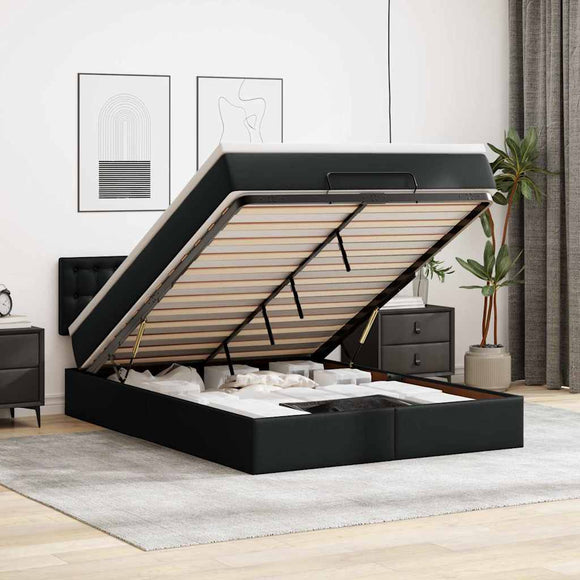 NNEVL Ottoman Bed with Mattresses & LEDs Black Queen Faux Leather