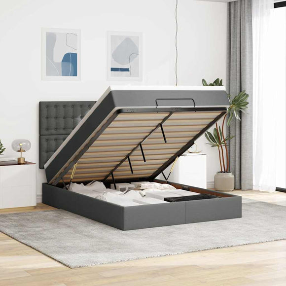 NNEVL Ottoman Bed with Mattress & LEDs Dark Grey Queen Fabric