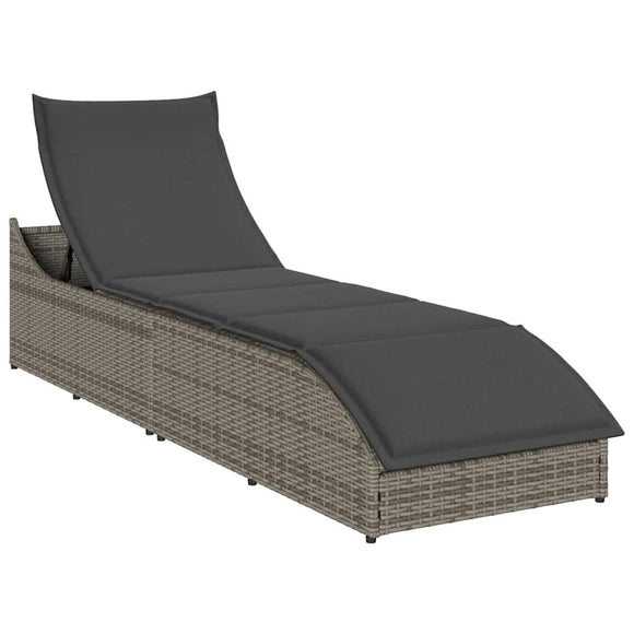 NNEVL Folding Sun Lounger with Cushion and Storage Grey Poly Rattan