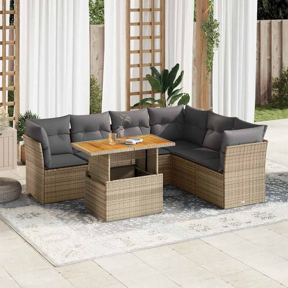 NNEVL 7 Piece Garden Sofa Set with Cushions Beige Poly Rattan