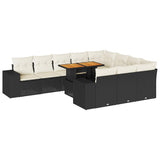 NNEVL 10 Piece Garden Sofa Set with Cushions Black Poly Rattan Acacia