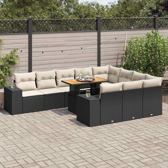 NNEVL 10 Piece Garden Sofa Set with Cushions Black Poly Rattan Acacia