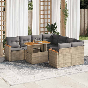 NNEVL 9 Piece Garden Sofa Set with Cushions Beige Poly Rattan Acacia