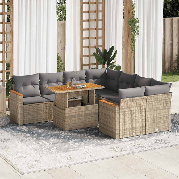 NNEVL 9 Piece Garden Sofa Set with Cushions Beige Poly Rattan Acacia