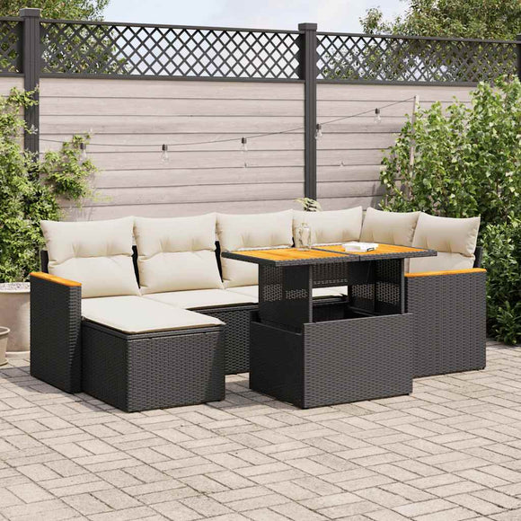 NNEVL 7 Piece Garden Sofa Set with Cushions Black Poly Rattan Acacia